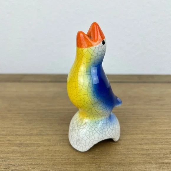 Vintage Ceramic Pie Bird Vent Blue Yellow Orange Glaze Crazed Baking Steam Vent - Picture 2 of 8
